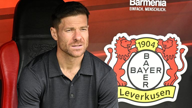 Leverkusen&#39;s head coach Xabi Alonso attends a friendly soccer match between Bayer 04 Leverkusen and West Ham United in Leverkusen, Germany, Saturday, Aug. 5, 2023. (Roberto Pfeil/dpa via AP)