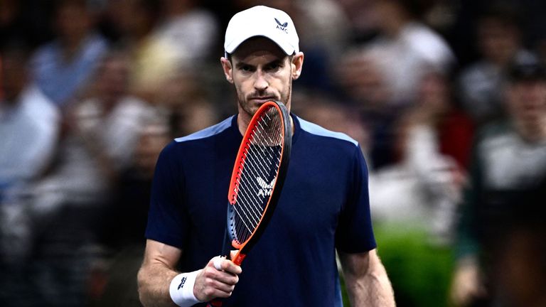 Great Britain&#39;s Andy Murray looks on during his men&#39;s singles match against Australia&#39;s Alex De Minaur on day one of the Paris ATP Masters 1000 tennis tournament at the Accor Arena - Palais Omnisports de Paris-Bercy - in Paris on October 30, 2023. (Photo by JULIEN DE ROSA / AFP) (Photo by JULIEN DE ROSA/AFP via Getty Images)