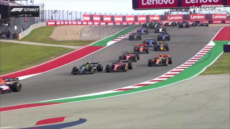 Lewis Hamilton moves up into second position as Max Verstappen holds the lead on the opening lap of the Austin Sprint.