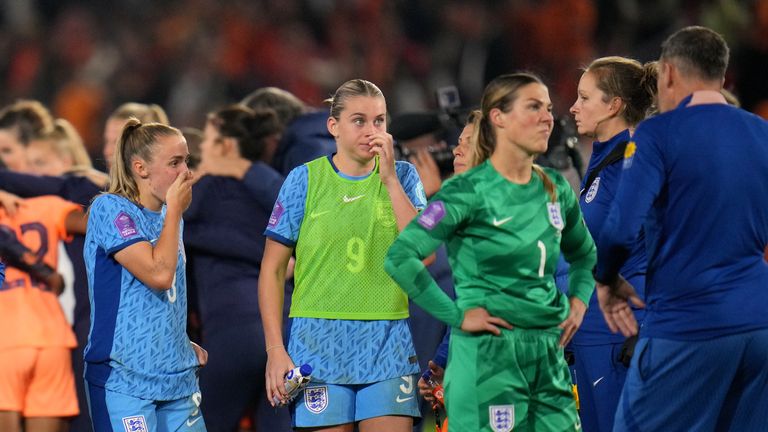 England&#39;s Georgia Stanway, Alessia Russo and goalkeeper Mary Earps after the UEFA Women&#39;s Nations League Group A1 match at the Stadion Galgenwaard, Utrecht, Netherlands