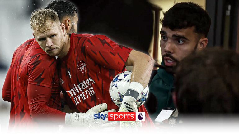 Arsenal goalkeepers David Raya and Aaron Ramsdale warming up before the UEFA Champions League Group B match at the Emirates Stadium