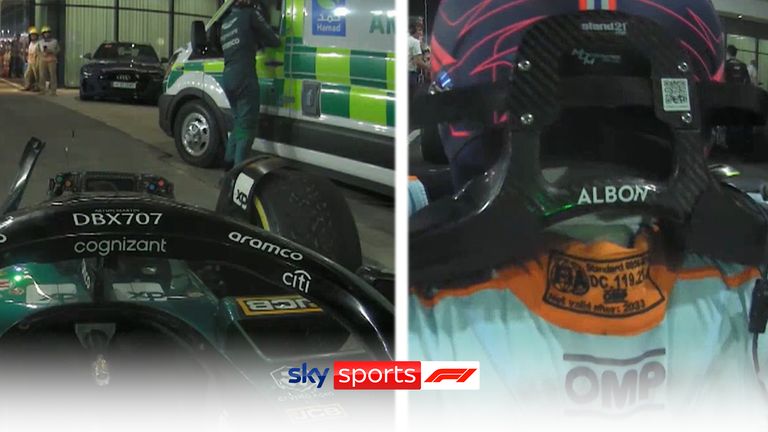 Lance Stroll and Alex Albon are both seen struggling to get out of their cars from the onboard cameras at the end of a gruelling Qatar GP