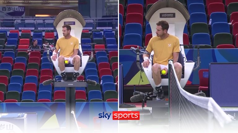 A look at Andy Murray playing around with an empty umpire&#39;s chair during his practice for the Shanghai Masters.