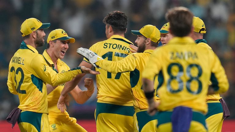 Australian players celebrate the wicket of Pakistan&#39;s Abdullah Shafique during the ICC Men&#39;s Cricket World Cup match between Australia and Pakistan in Bengaluru, India, Friday, Oct. 20, 2023. (AP Photo/Aijaz Rahi)