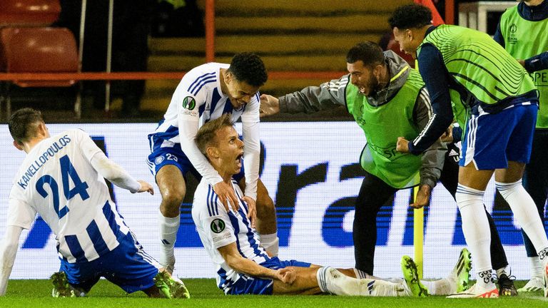 Bojan Radulovic celebrates after putting HJK Helsinki in front at Aberdeen