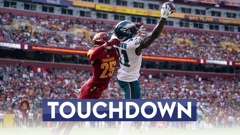 Philadelphia Eagles wide receiver AJ Brown makes a spinning, one-handed 16-yard touchdown catch against the Washington Commanders