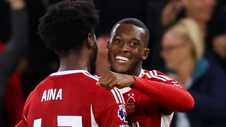 Callum Hudson-Odoi celebrates scoring his first goal for Nottingham Forest