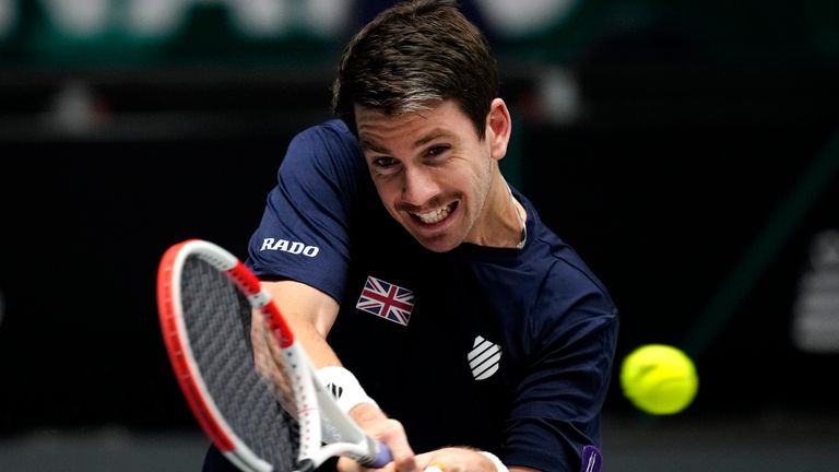 Great Britain&#39;s Cameron Norrie plays a backhand against Germany&#39;s Jan-Lennard Struff during a Davis Cup quarter final match match between Great Britain and Germany in Innsbruck, Austria, Tuesday, Nov. 30, 2021. (Photo/Michael Probst)