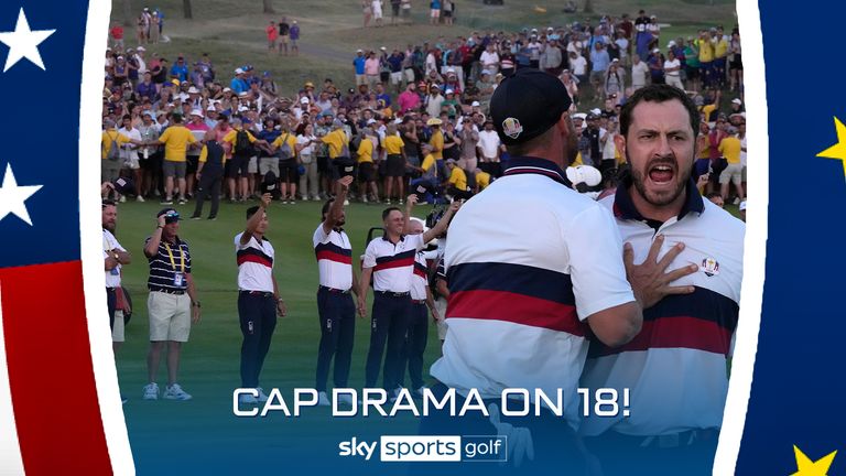 Lots of drama on the 18th hole on Day Two of the Ryder Cup as Team USA wave their caps back at the crowd after Patrick Cantlay earns his team a crucial point.