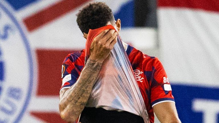 Rangers&#39; Connor Goldson puts his head in his shirt after Aris Limassol take an early lead