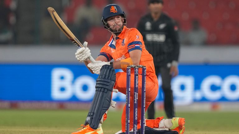 Netherlands&#39; Paul Van Meekeren made four not out during his innings against New Zealand