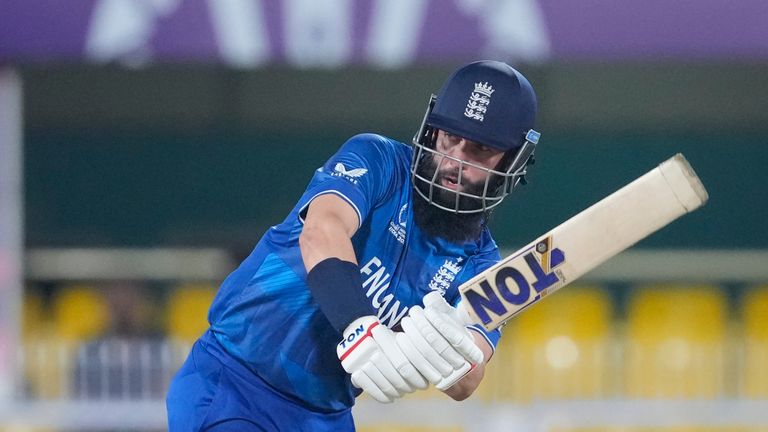 England&#39;s Moeen Ali bats during the ICC Cricket World Cup warm up match between Bangladesh and England in Guwahati