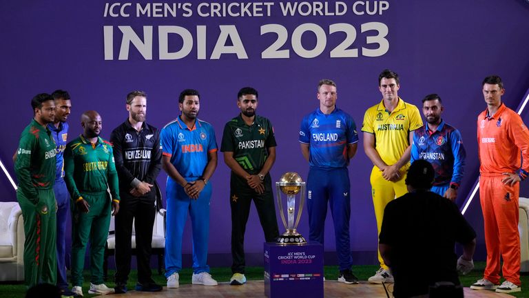 Cricket captains from left to right, Bangladesh&#39;s Shakib Al Hasan, Sri Lanka&#39;s Dasun Shanaka, South Africa&#39;s Temba Bavuma, New Zealand&#39;s Kane Williamson, India&#39;s Rohit Sharma, Pakistan&#39;s Babar Azam, England&#39;s Jos Buttler, Australia&#39;s Pat Cummins, Afghanistan&#39;s Hashmatullah Shahidi, and Netherlands&#39; Scott Edwards