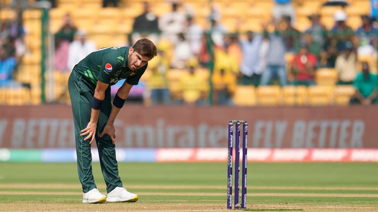 Pakistan&#39;s Shaheen Afridi reacts after Usama Mir drops Australia&#39;s David Warner