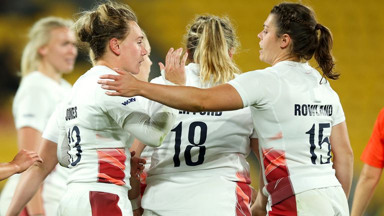 Megan Jones and Helena Rowland celebrate as England made a winning start to the new WVX series against Australia