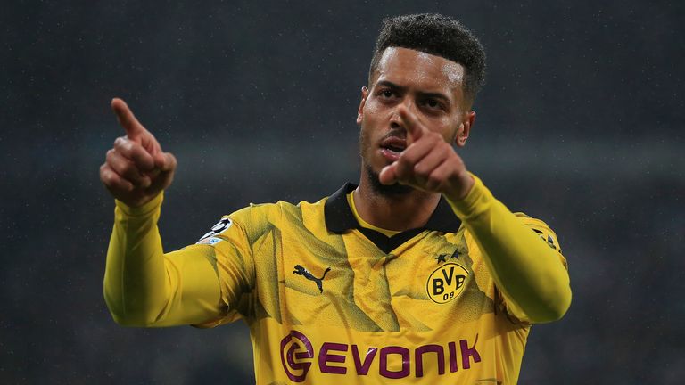 Dortmund&#39;s Felix Nmecha celebrates after his goal vs Newcastle