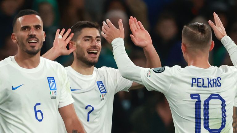 Greece&#39;s Giorgos Masouras (second left) celebrates scoring their side&#39;s second goal of the game during the UEFA Euro 2024 Qualifying Group B match at the Aviva Stadium, Dublin. Picture date: Friday October 13, 2023.