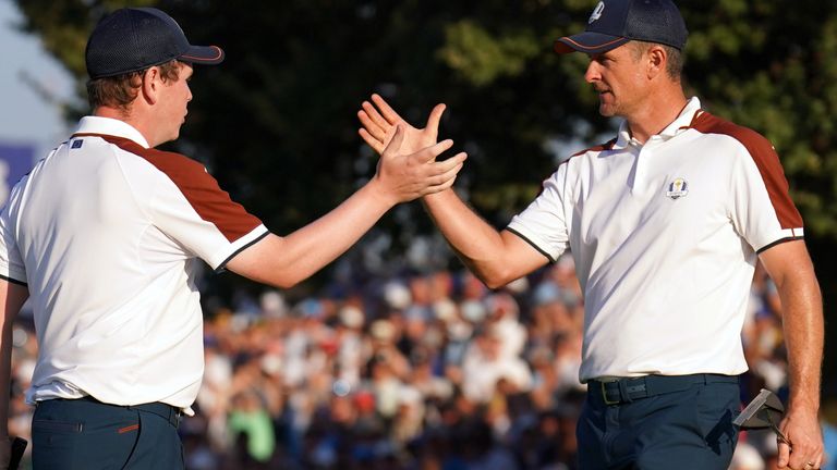 Robert MacIntyre and Justin Rose celebrate during their Ryder Cup success