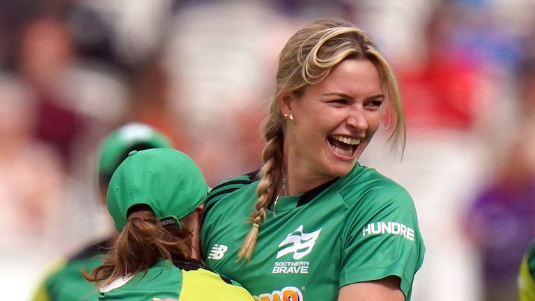 Lauren Bell celebrates a wicket for Southern Brave during the women&#39;s Hundred final against Northern Superchargers at Lord&#39;s