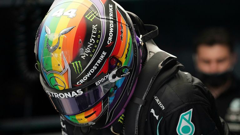 Hamilton wore the Progress Pride flag on his helmet at the 2021 Qatar Grand Prix