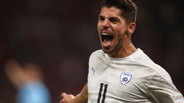 Israel&#39;s Manor Solomon celebrates after scoring their second goal against Albania during a UEFA Nations League match last year