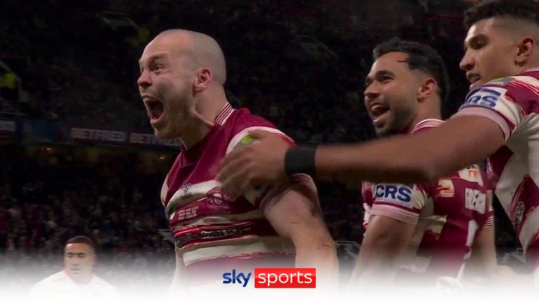 Liam Marshall goes over to score the match-winning try for Wigan in the Grand Final