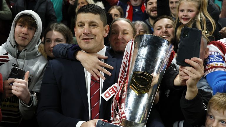 Matt Peet celebrates with Wigan's fans following the Super League Grand Final triumph