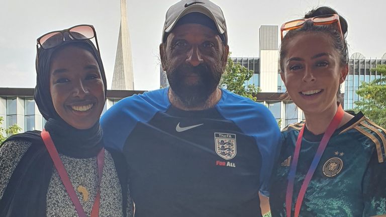 Former EFL referee Jarnail Singh with Sky Sports News reporters Fadumo Olow and Miriam Walker-Khan