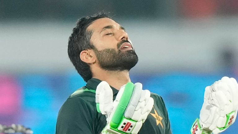 Pakistan&#39;s Mohammad Rizwan celebrates scoring a century during the ICC Men&#39;s Cricket World Cup match between Pakistan and Sri Lanka in Hyderabad, India, Tuesday, Oct. 10, 2023. (AP Photo/ Mahesh Kumar A.)