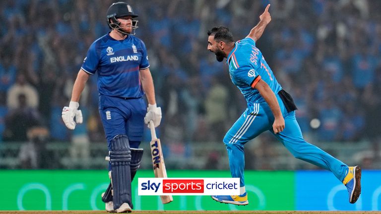 India&#39;s Mohammed Shami celebrates the wicket of England&#39;s Jonny Bairstow,