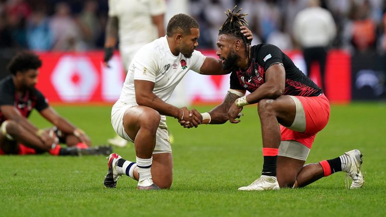 Ollie Lawrence consoles Waisea Nayacalevu after the final whistle