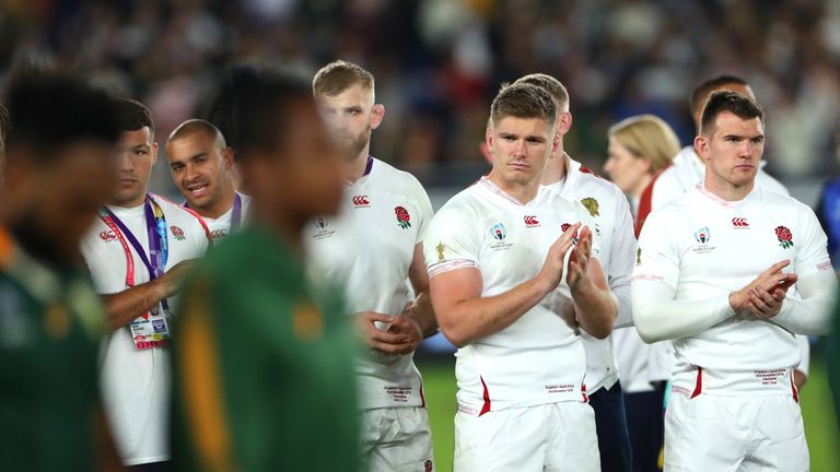 Owen Farrell and his England team-mates look on after defeat to South Africa in the 2019 Rugby World Cup final