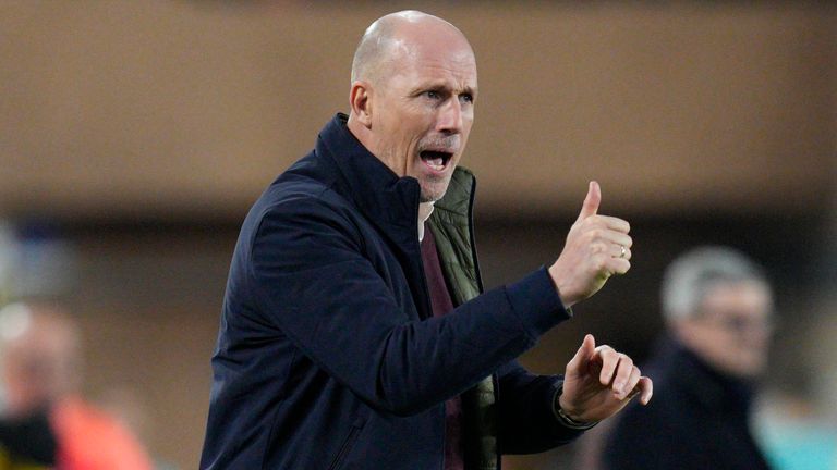 Monaco&#39;s head coach Philippe Clement gives instructions during a French League One soccer match between Monaco and Paris Saint-Germain at the Stade Louis II in Monaco, Saturday, Feb. 11, 2023. (AP Photo/Daniel Cole)