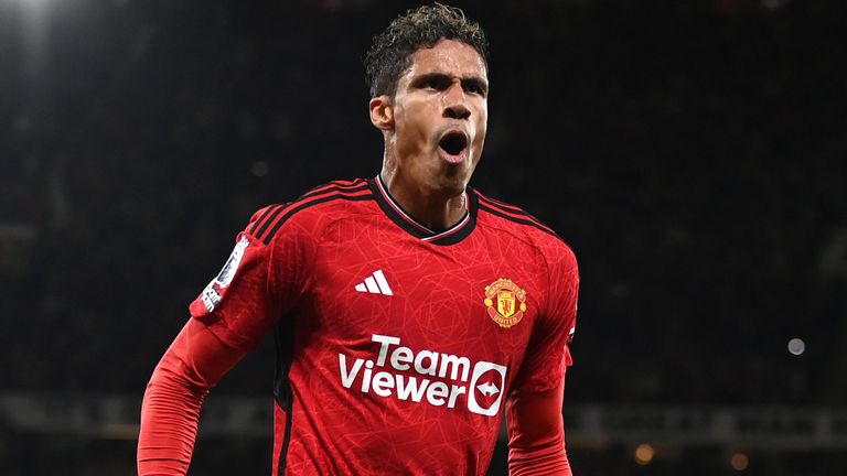 Raphael Varane celebrates scoring for Man Utd vs Wolves