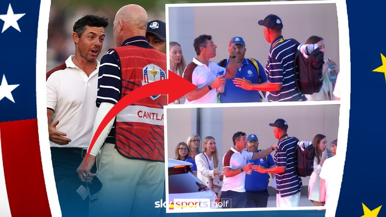 A furious Rory McIlroy confronted Team USA caddie Jim 'Bones' Mackay in the carpark post round after an incident on the 18th hole.