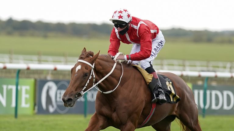 Adam Kirby rides Saffron Beach to win the Group Three Oh So Sharp Stakes at Newmarket last October