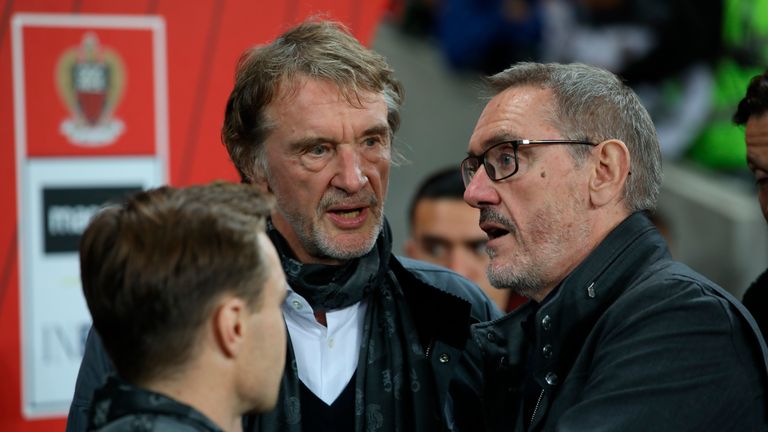 Sir Jim Ratcliffe and his brother Bob Ratcliffe talk ahead of the French League One soccer match between Nice and Paris Saint Germain in Allianz Riviera stadium in Nice, southern France, Friday, Oct.18, 2019.