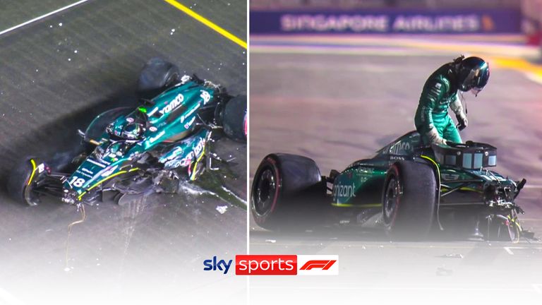 Stroll has a huge crash in his Aston Martin at the final corner during qualifying of the Singapore GP