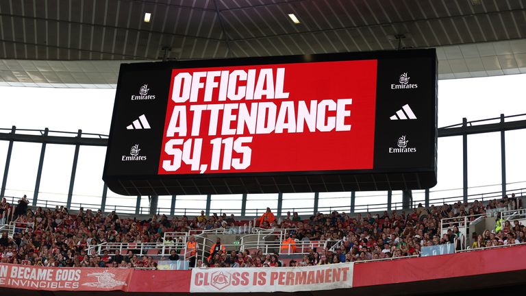 The Emirates video screen shows a record attendance of 54,115 at the WSL game between Arsenal and Liverpool