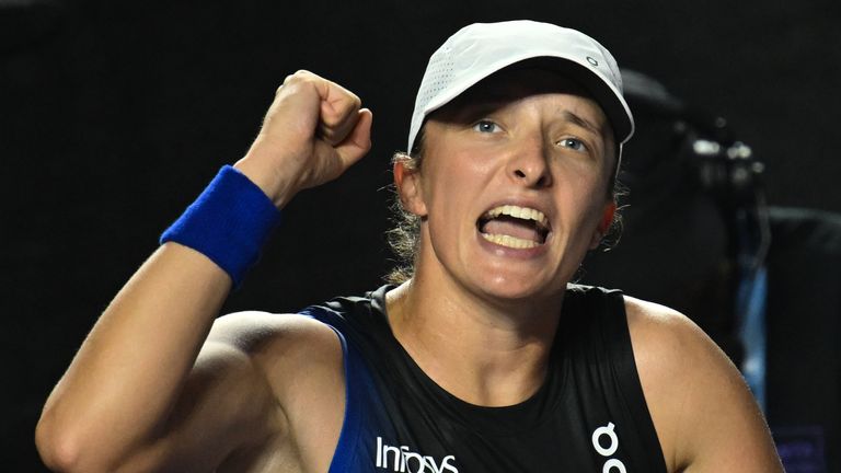 CANCUN, MEXICO - NOVEMBER 1: Poland&#39;s Iga Swiatek celebrates after she wins against Coco Gauff of the USA, on Day 4 of the GNP Seguros WTA Finals Cancun 2023 part of the Hologic WTA Tour, on November 1, 2023, in Cancun, Quintana Roo, Mexico. (Photo by Artur Widak/NurPhoto)