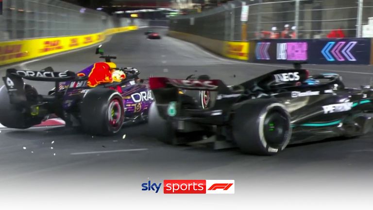 George Russell and Max Verstappen collide and debris goes everywhere, eventually leading to a safety car