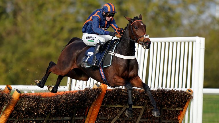 Theatre Glory ridden by Nico de Boinville on their way to winning the racingtv.com/freemonth Mares&#39; Novices&#39; Hurdle at Huntingdon 