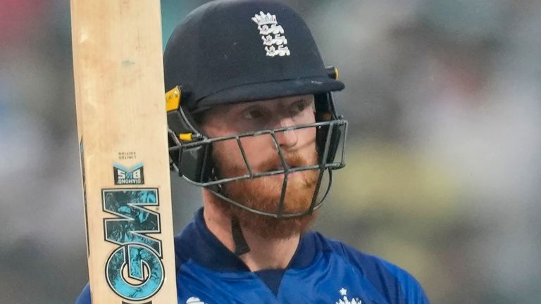 England&#39;s Ben Stokes celebrates after scoring fifty runs during the ICC Men&#39;s Cricket World Cup match between Pakistan and England in Kolkata, India, Saturday, Nov. 11, 2023. (AP Photo/Bikas Das)