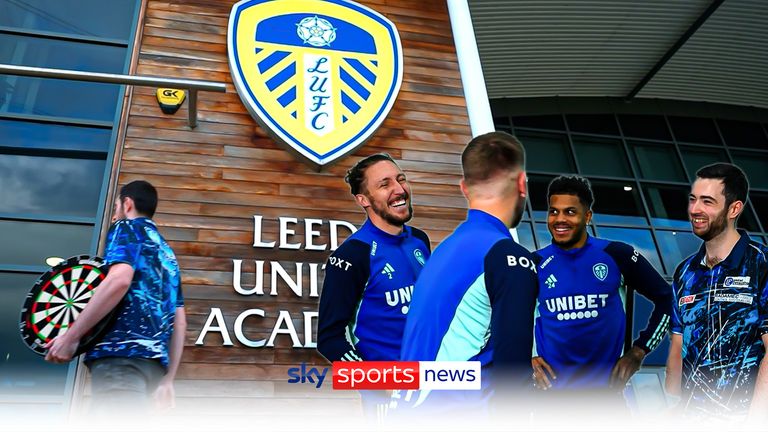 Leeds United fan Humphries combines his favourite sports by giving the players a darting masterclass