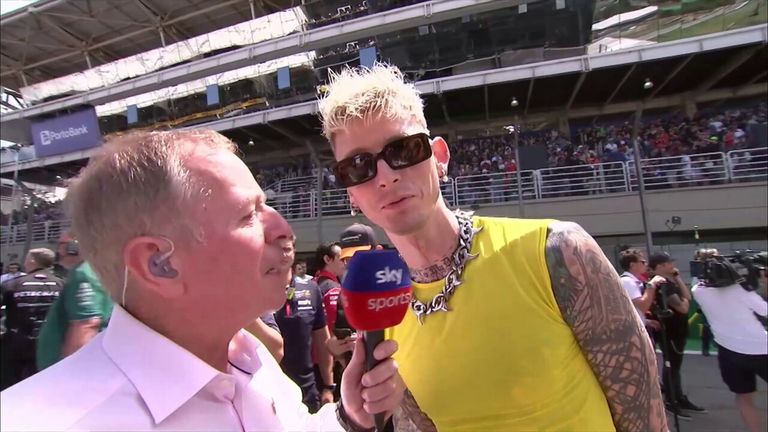 A classic Martin Brundle grid walk moment with artist Machine Gun Kelly at the Sao Paulo Grand Prix.