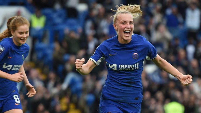 Aggie Beever-Jones celebrates her goal against Liverpool