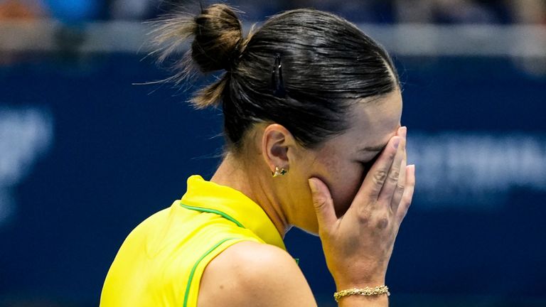 Ajla Tomljanovic of Australia gestures during the Group B tennis match between Australia and Slovenia during The Billie Jean King Cup at La Cartuja stadium on November 7, 2023, in Sevilla, Spain AFP7 07/11/2023 (Europa Press via AP)