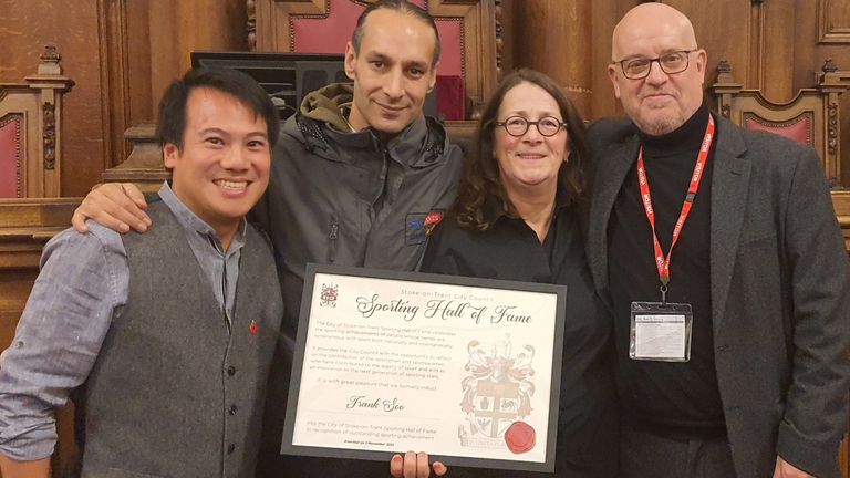 Frank Soo Foundation chair Alan Lau, Sky Sports News&#39; Dev Trehan, Frank Soo&#39;s great niece Jacqui Soo and the brother of Susan Gardiner who authored The Wanderer: The Story of Frank Soo - at Stoke Civic Centre for Frank&#39;s appointment to the SportingHall of Fame