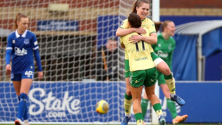 Bristol City&#39;s Amy Rodgers celebrates with team-mate Jamie-Lee Napier after scoring the equaliser