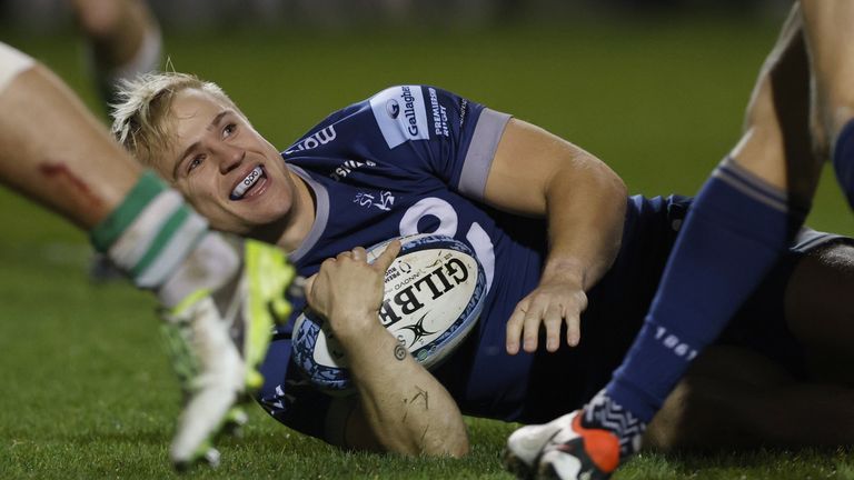 Arron Reed goes over for one of his two tries in Sale's Gallagher Premiership win over Newcastle